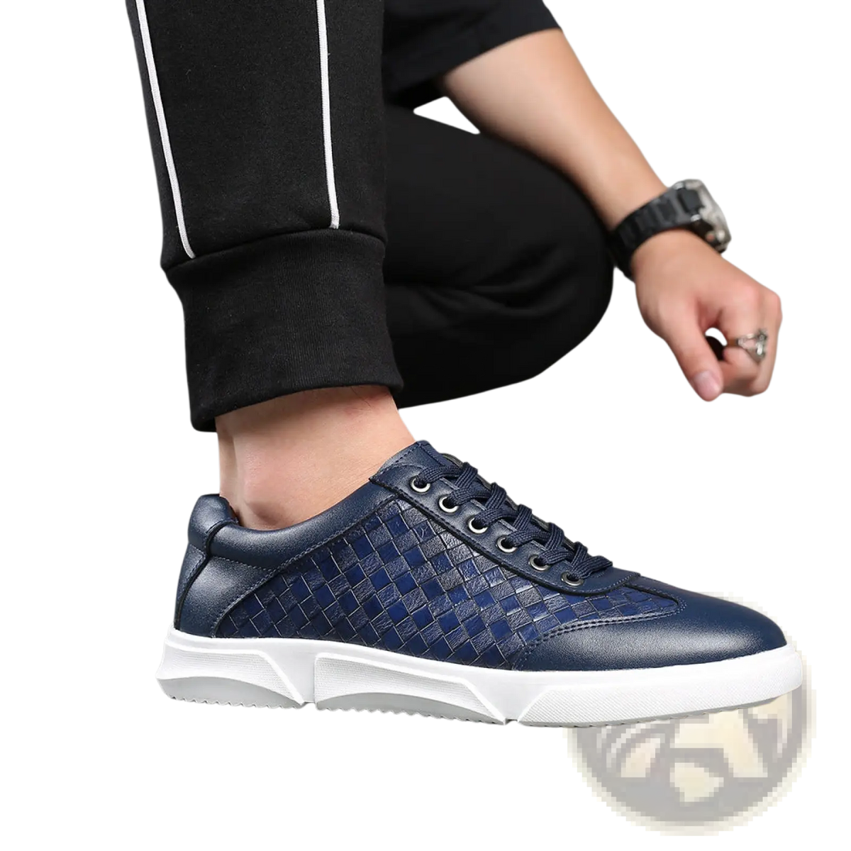 Men's Woven Leather Casual Sneakers White Black