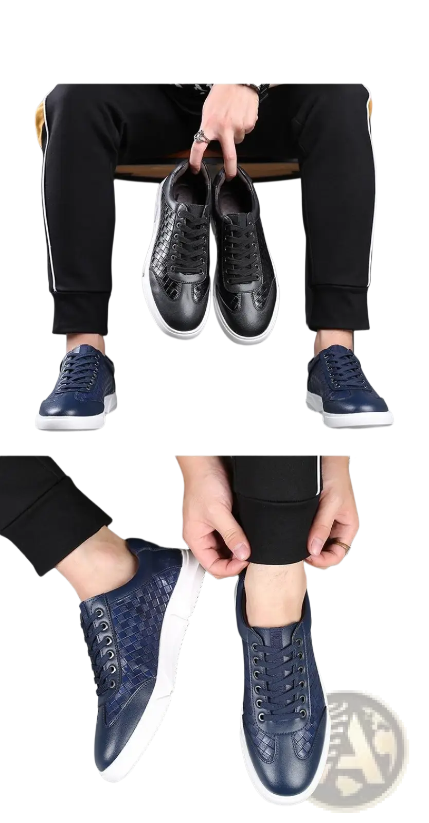 Men's Woven Leather Casual Sneakers White Black