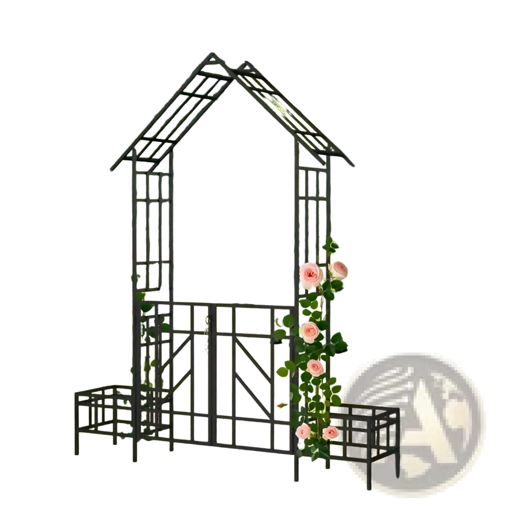 Metal Garden Arch with Gate Bench and Planters