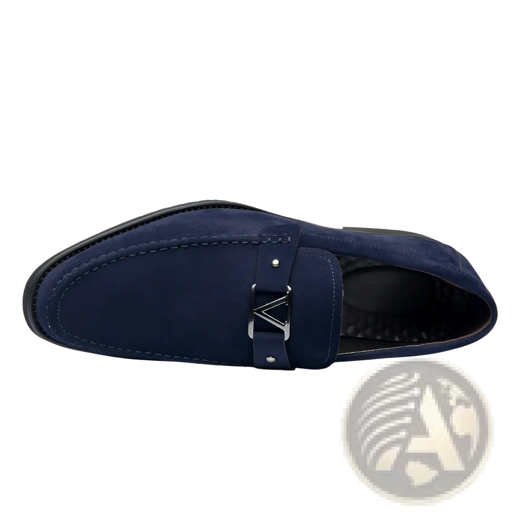 Navy Blue Suede Buckle Loafers with Non Slip Rubber Soles