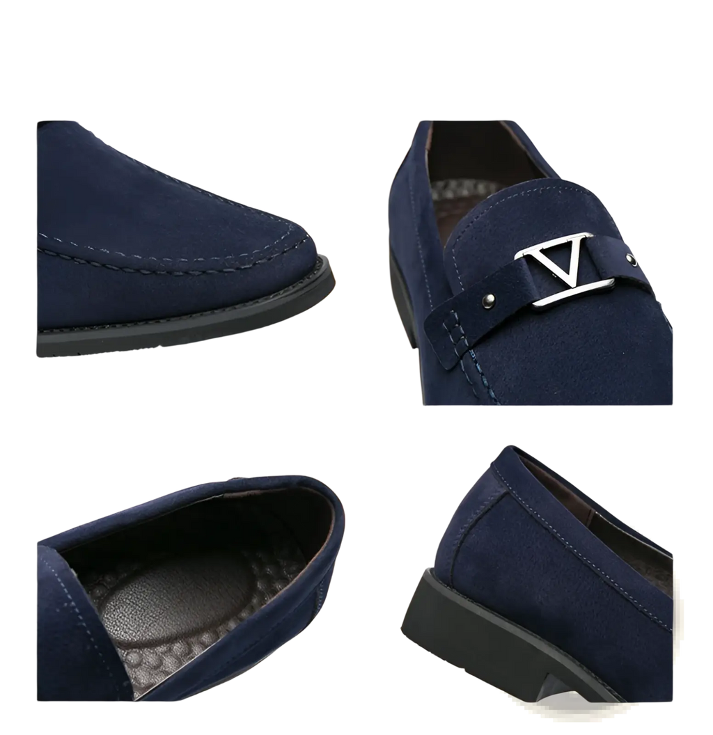 Navy Blue Suede Buckle Loafers with Non Slip Rubber Soles