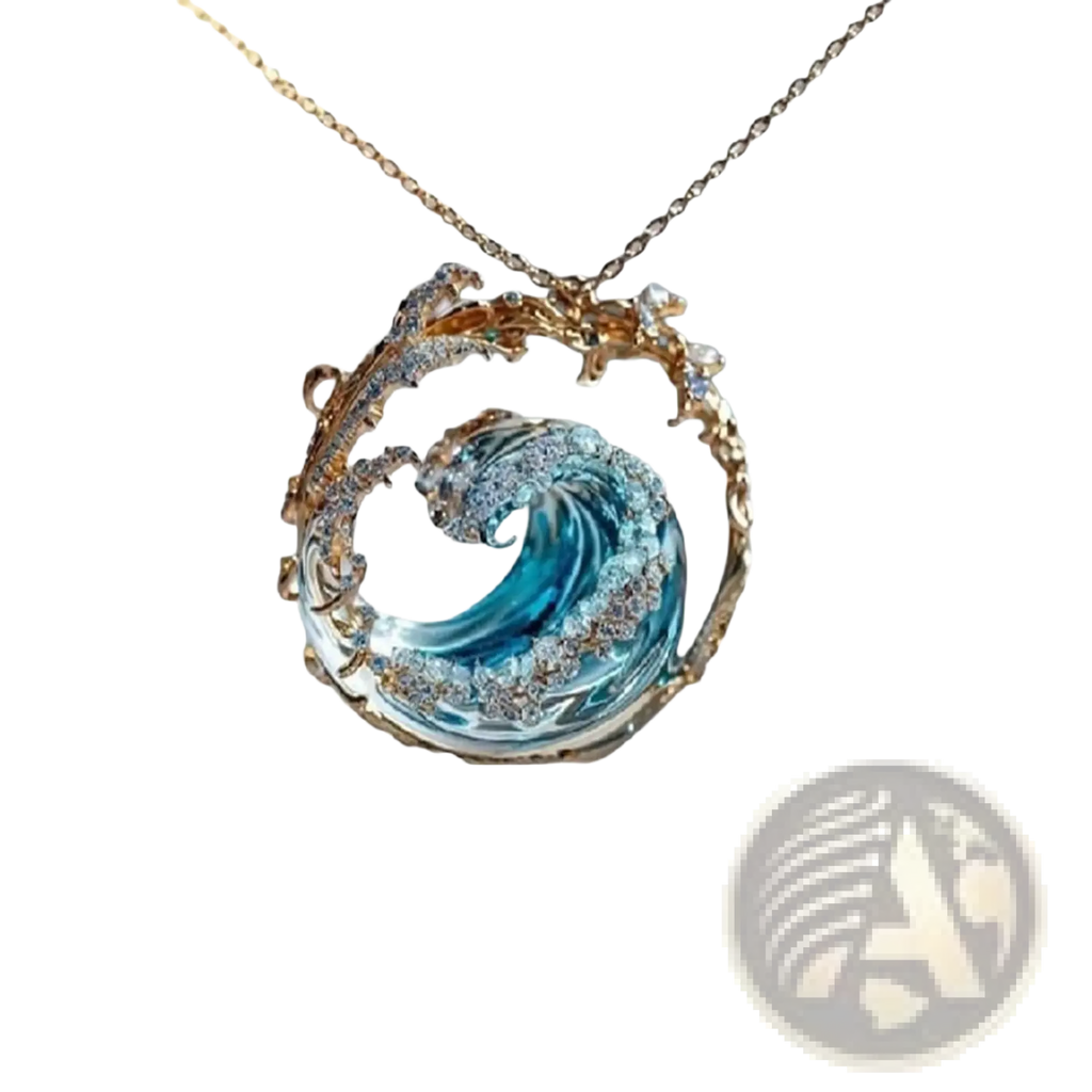 Ocean Wave Turquoise Glass Pendant Necklace with Gold Accents