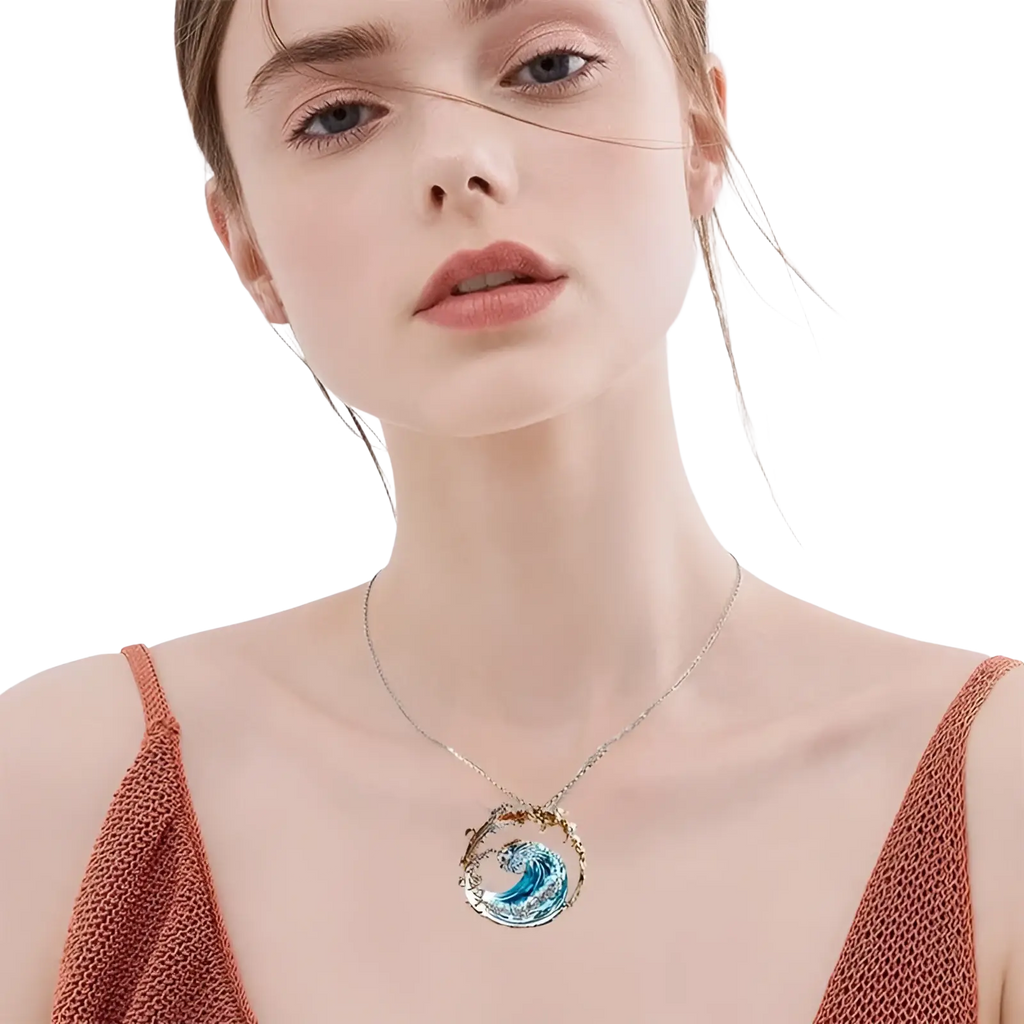 Ocean Wave Turquoise Glass Pendant Necklace with Gold Accents