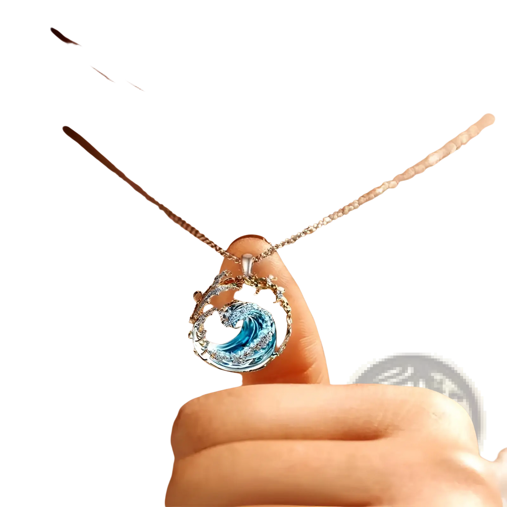 Ocean Wave Turquoise Glass Pendant Necklace with Gold Accents