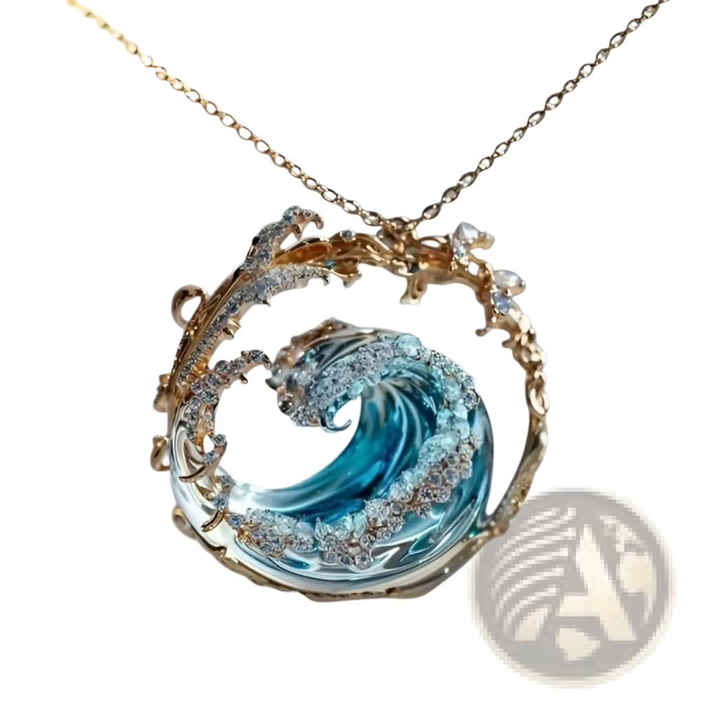 Ocean Wave Turquoise Glass Pendant Necklace with Gold Accents