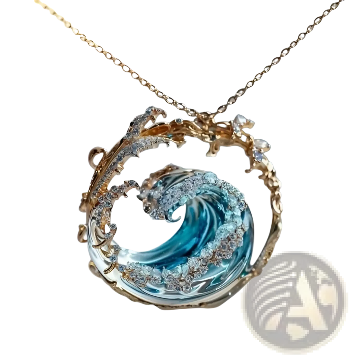Ocean Wave Turquoise Glass Pendant Necklace with Gold Accents
