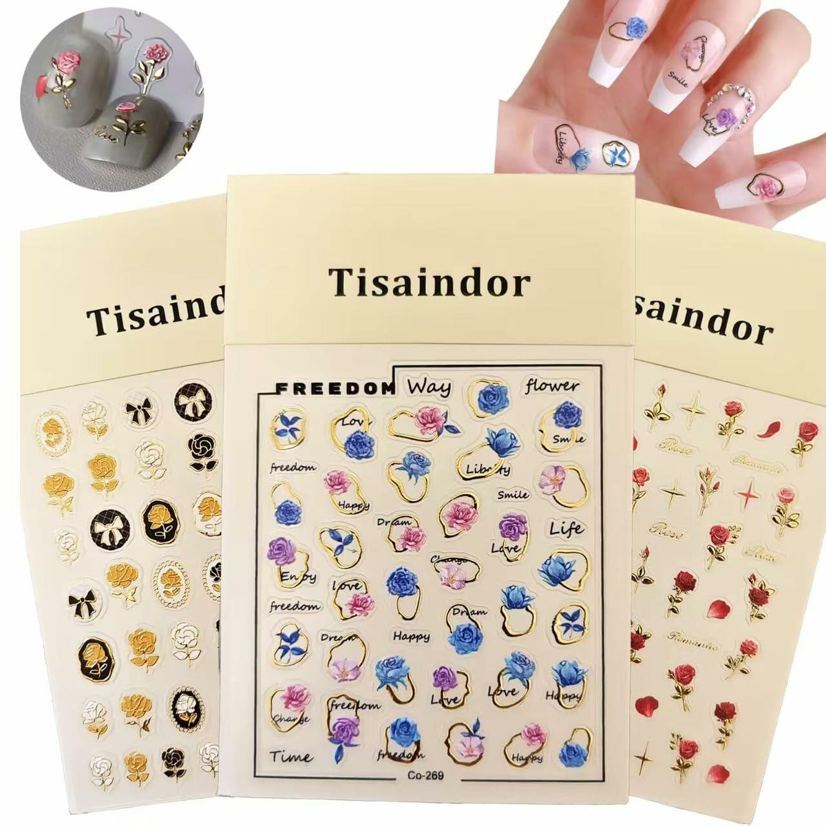 Tisaindor 5D Embossed Flower Nail Art Stickers 3 Sheets Rose Colorful