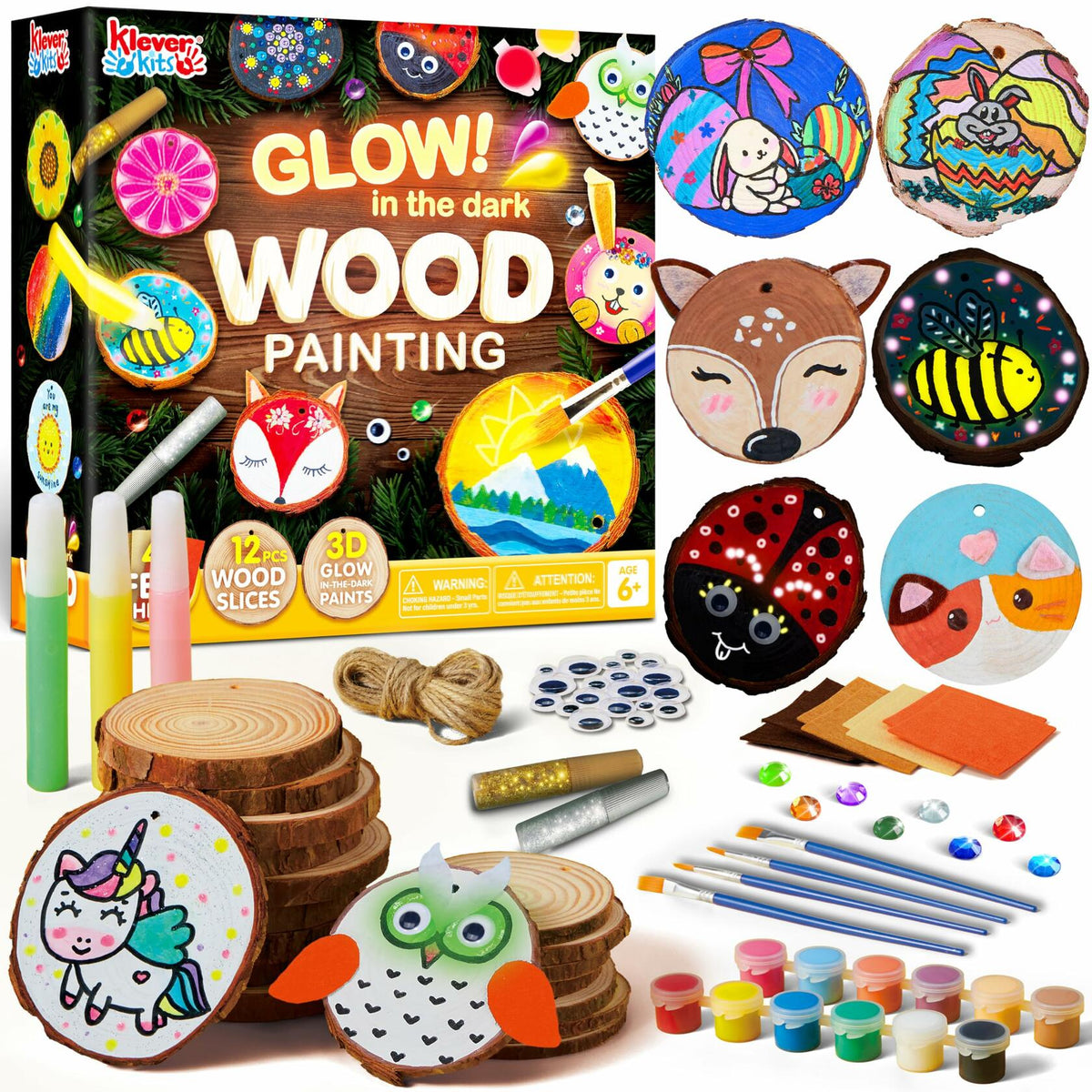 [Like New] Klever Kits Wooden Glow in The Dark Painting Craft Kit Wood Slices