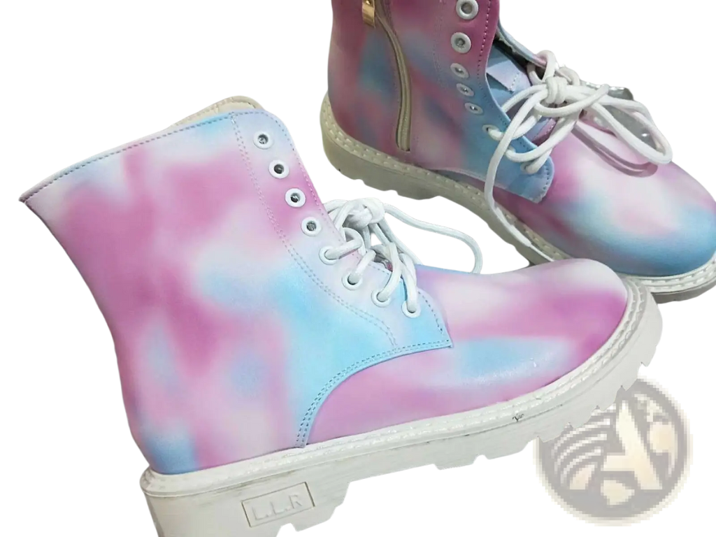 Pink Tie Dye Combat Boots with Chunky White Sole