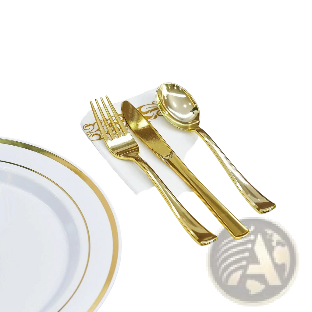 Plastic Tableware Set with Gold Rim Plates for 50 Guests