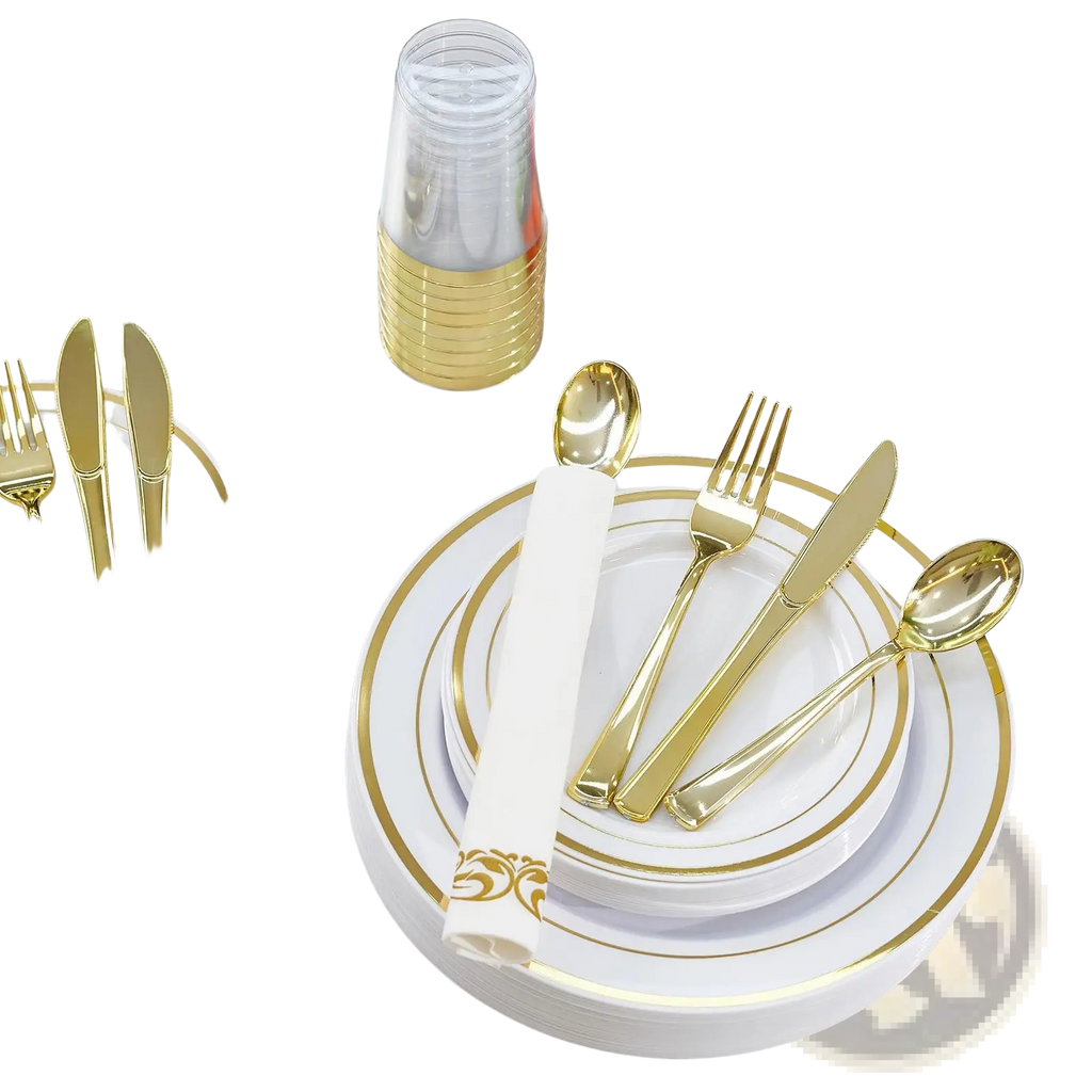 Plastic Tableware Set with Gold Rim Plates for 50 Guests