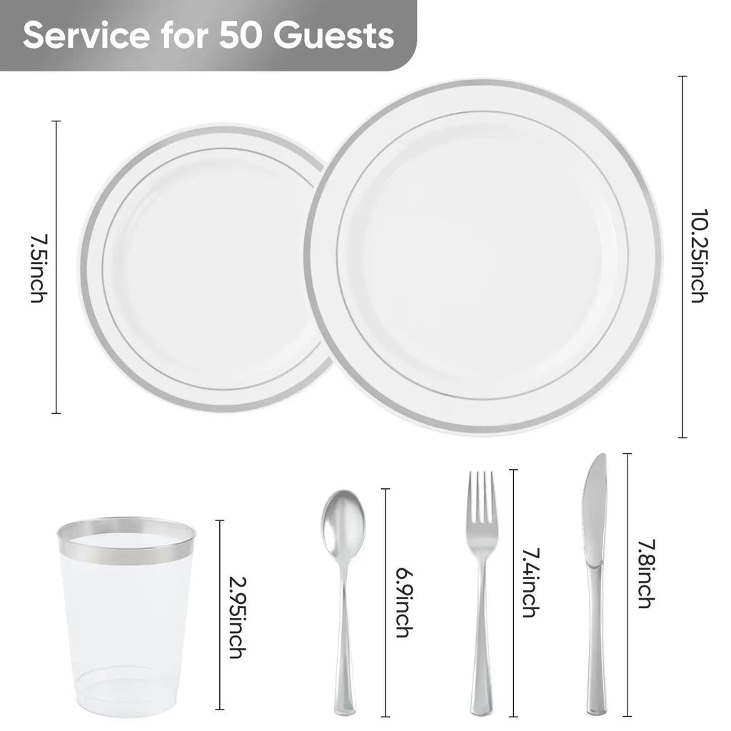 Plastic Tableware Set with Gold Rim Plates for 50 Guests