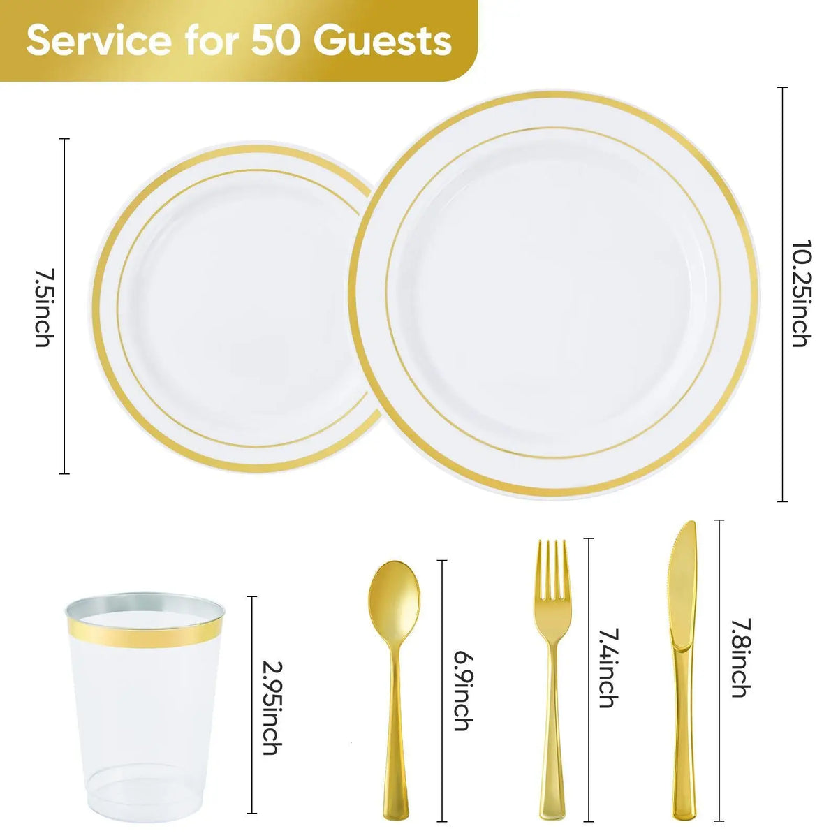 Plastic Tableware Set with Gold Rim Plates for 50 Guests