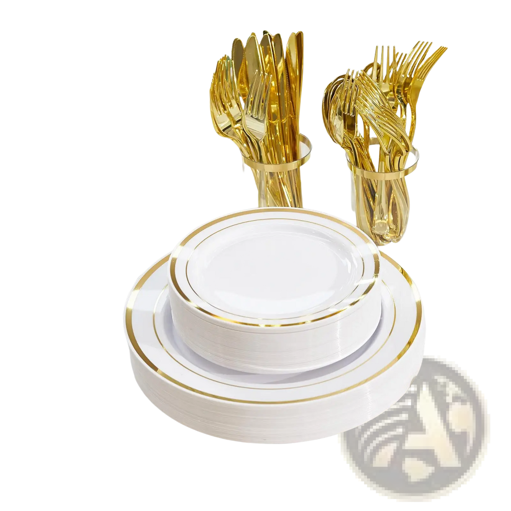 Plastic Tableware Set with Gold Rim Plates for 50 Guests