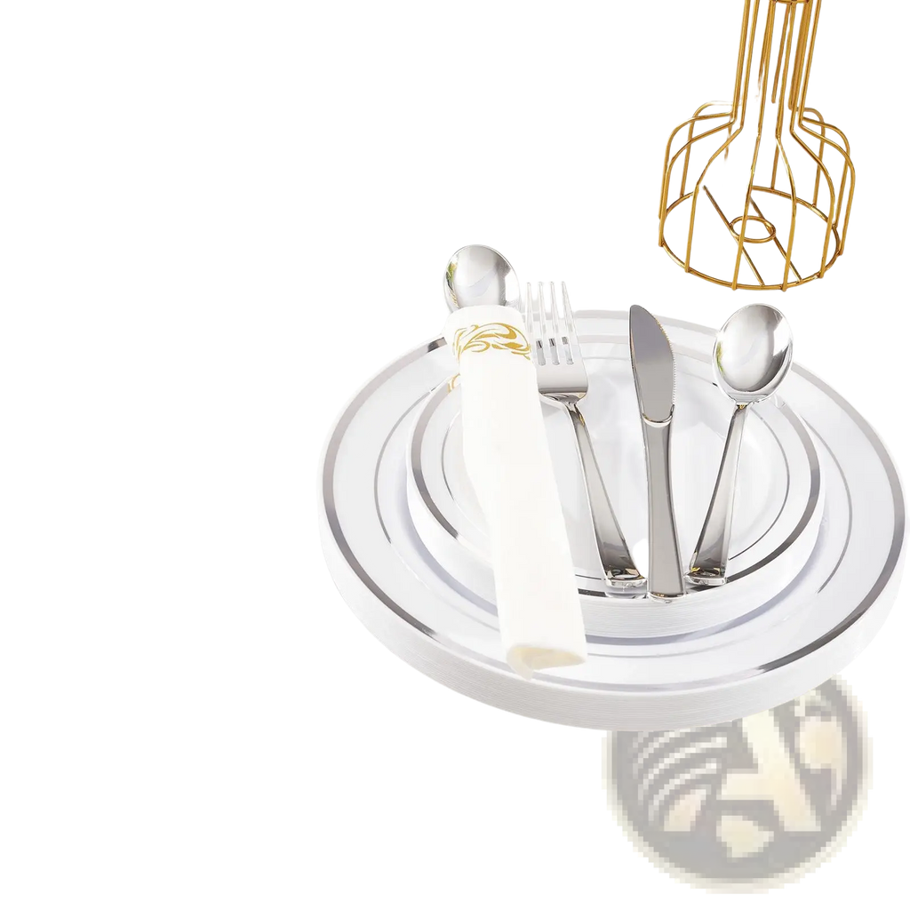 Plastic Tableware Set with Gold Rim Plates for 50 Guests