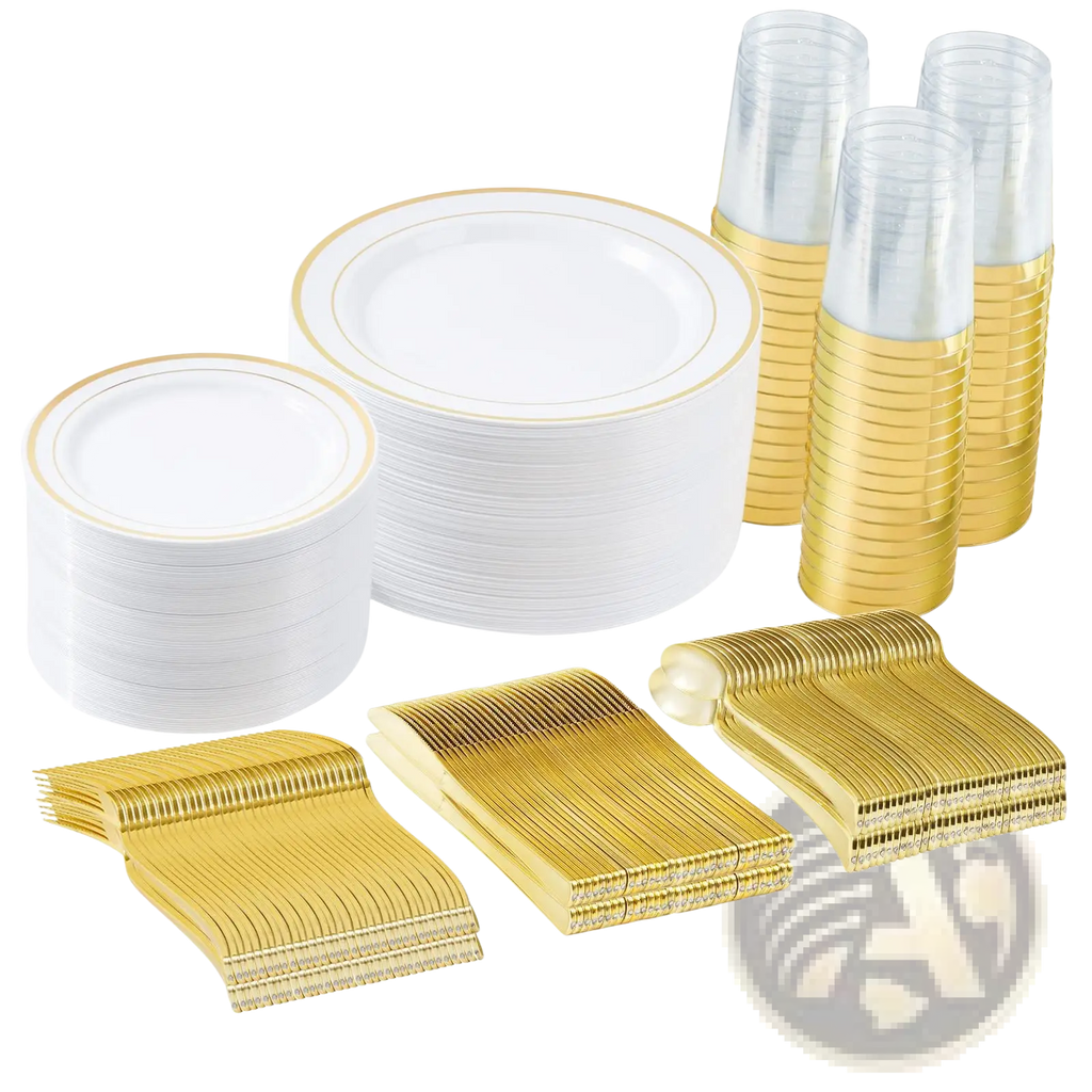 Plastic Tableware Set with Gold Rim Plates for 50 Guests
