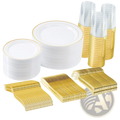 Plastic Tableware Set with Gold Rim Plates for 50 Guests