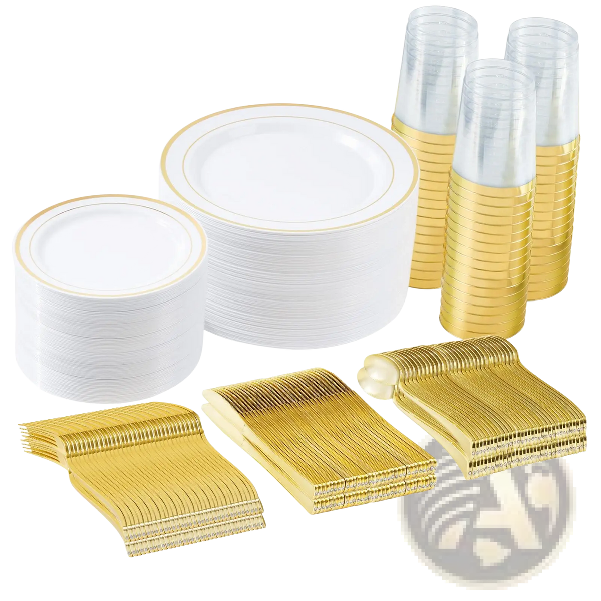 Plastic Tableware Set with Gold Rim Plates for 50 Guests
