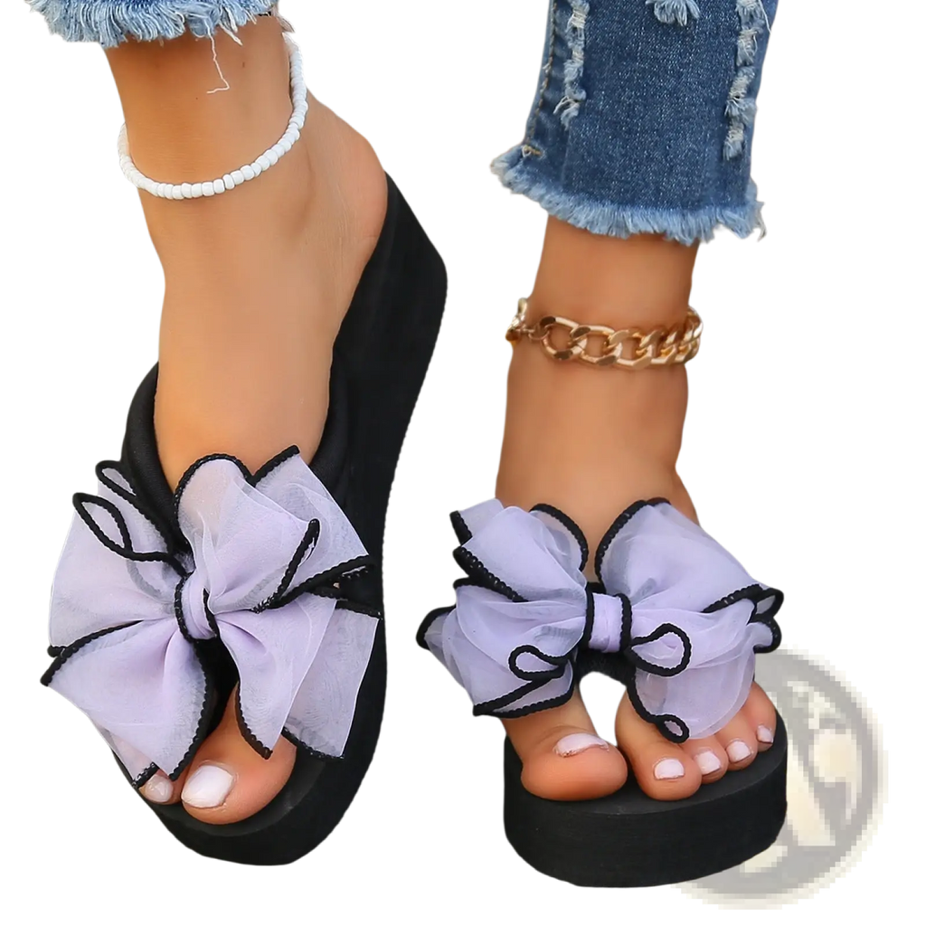 Platform Flip Flops with Large Sheer Bow Accent