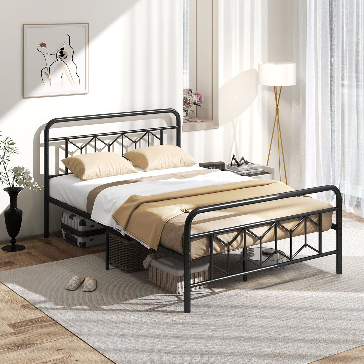 Platform Bed with High Headboard and Snap Lock Metal Slats