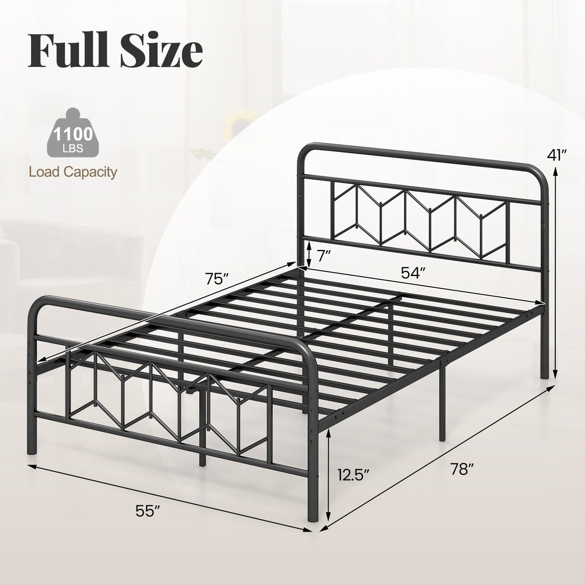 Platform Bed with High Headboard and Snap Lock Metal Slats