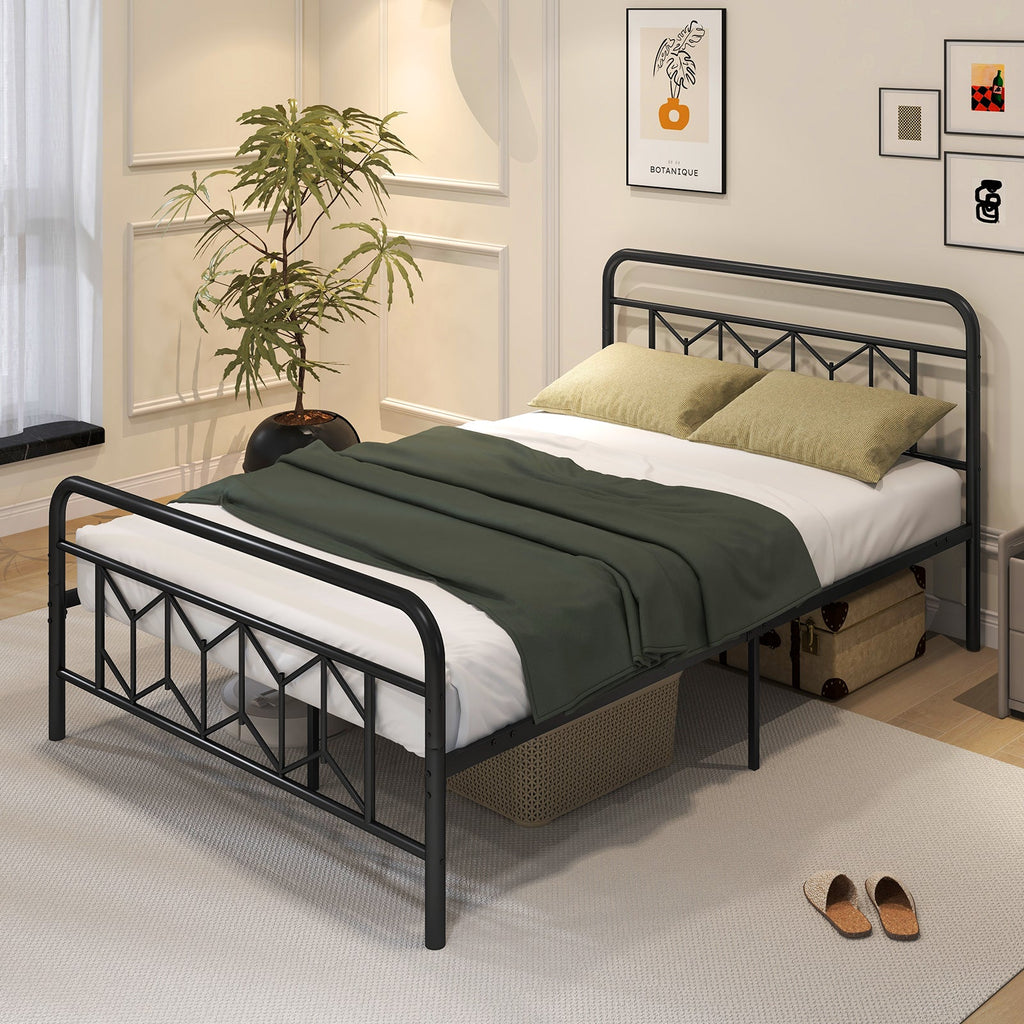 Platform Bed with High Headboard and Snap Lock Metal Slats