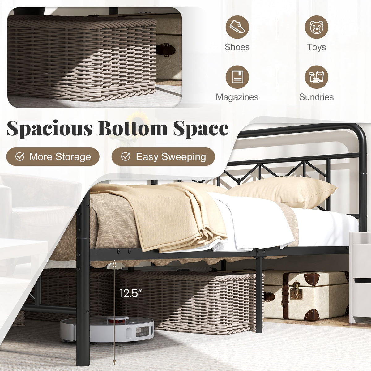 Platform Bed with High Headboard and Snap Lock Metal Slats