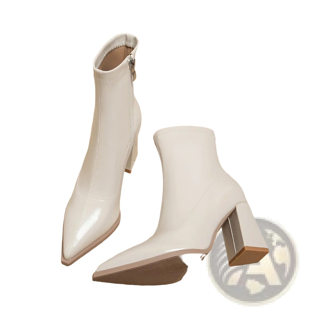 Pointed Toe Patent Leather Block Heel Ankle Boots