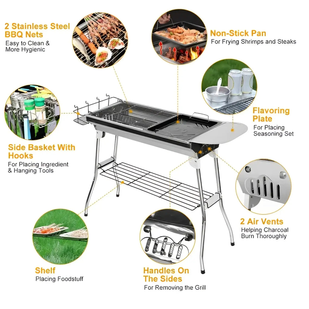 Portable Charcoal Bbq Grill Stainless Steel Foldable 8 People