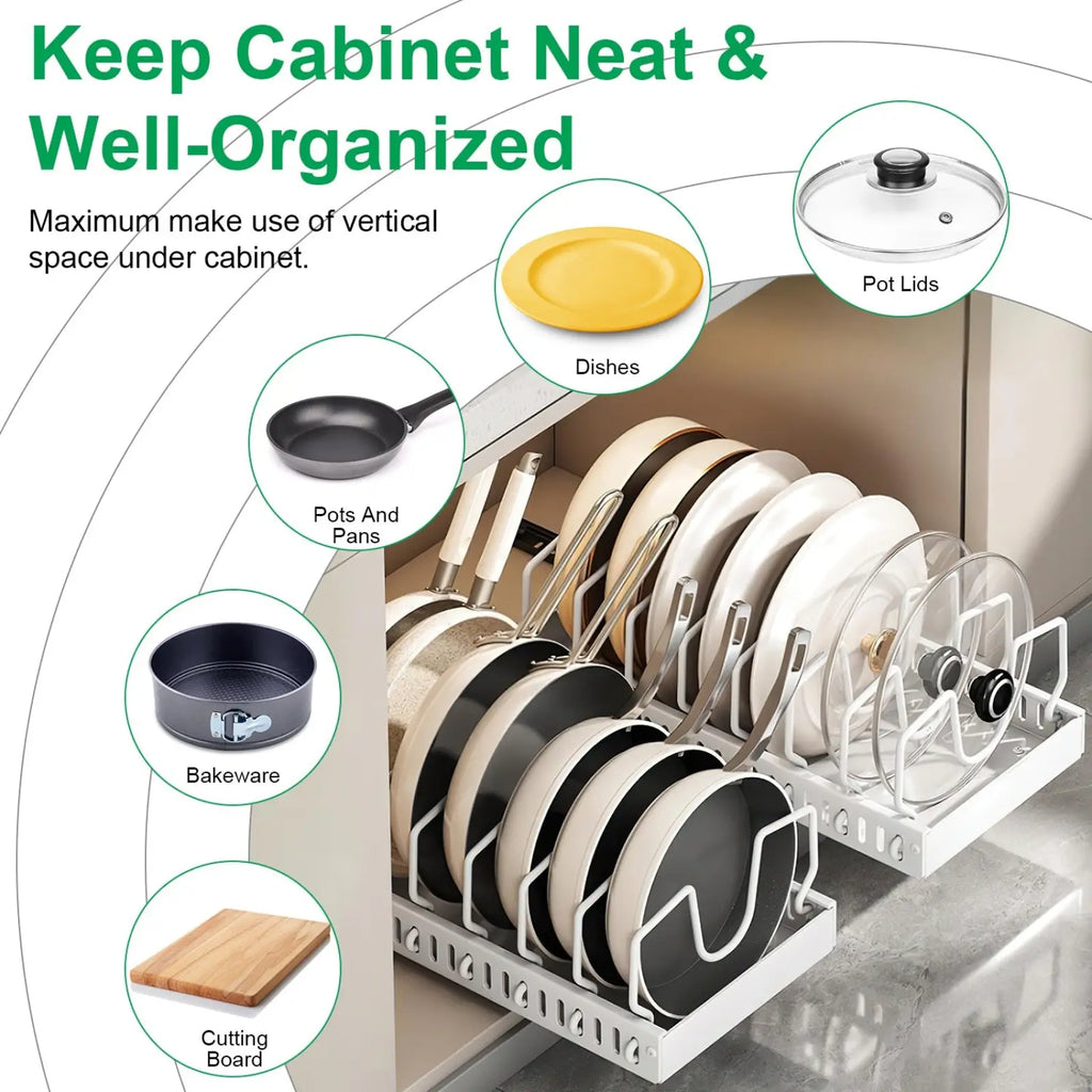 Pull out Pots and Pans Organizer with 8 Dividers