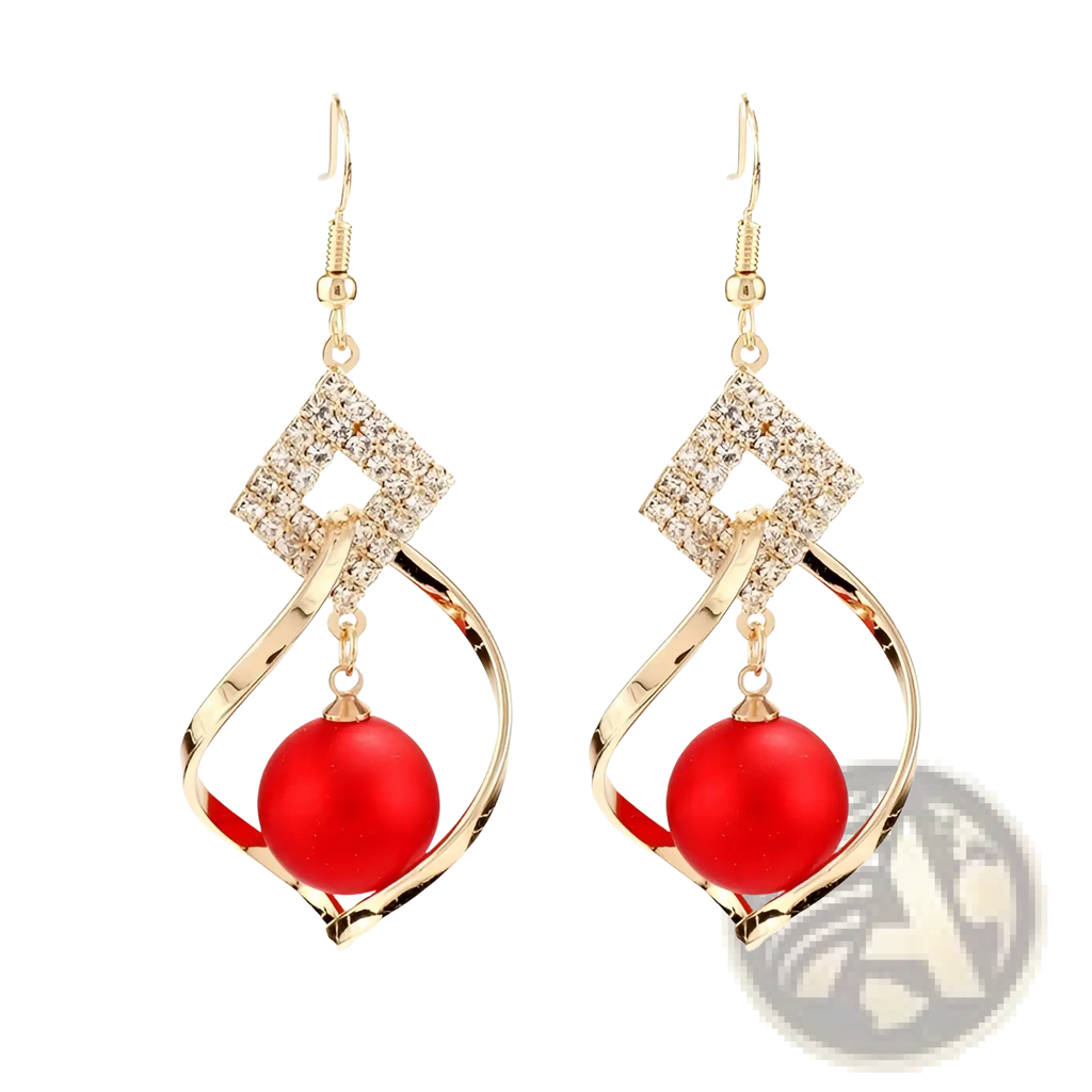 Red Bead and Crystal Geometric Gold Dangle Earrings