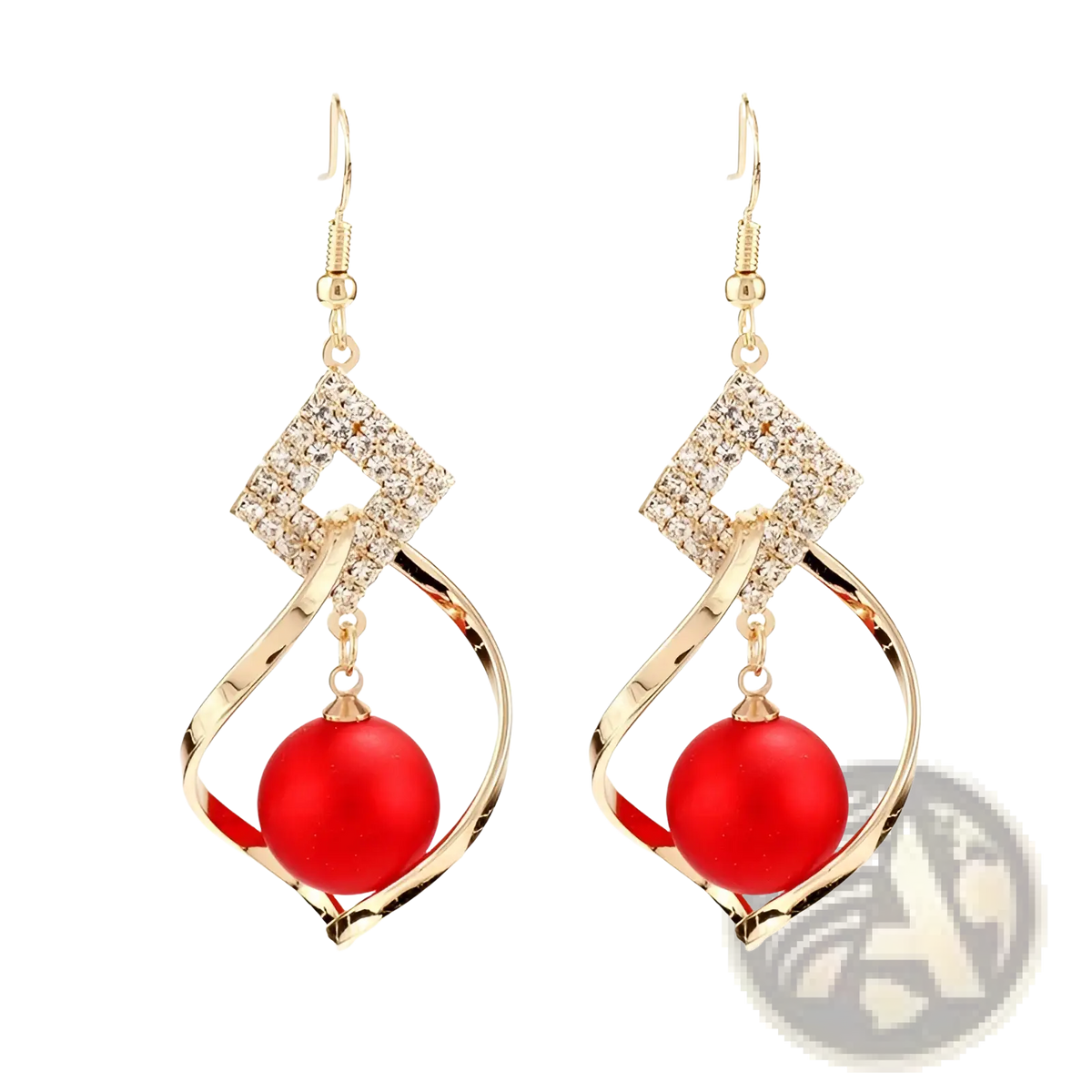 Red Bead and Crystal Geometric Gold Dangle Earrings