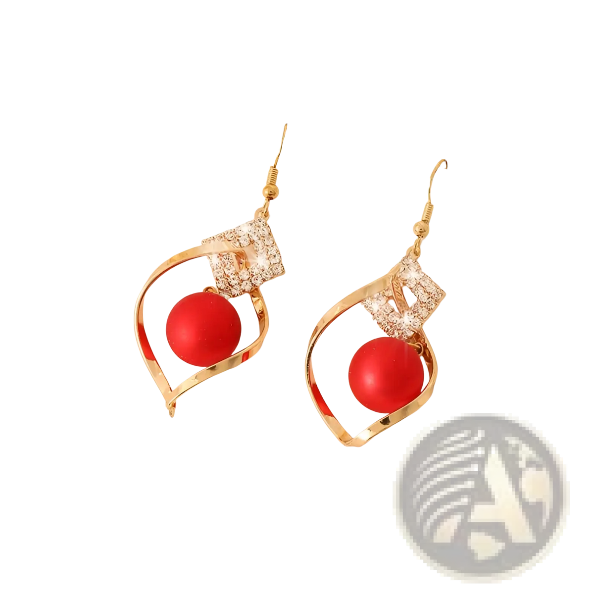 Red Bead and Crystal Geometric Gold Dangle Earrings