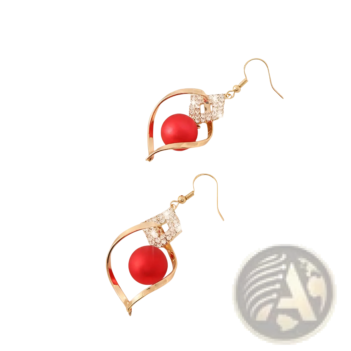 Red Bead and Crystal Geometric Gold Dangle Earrings