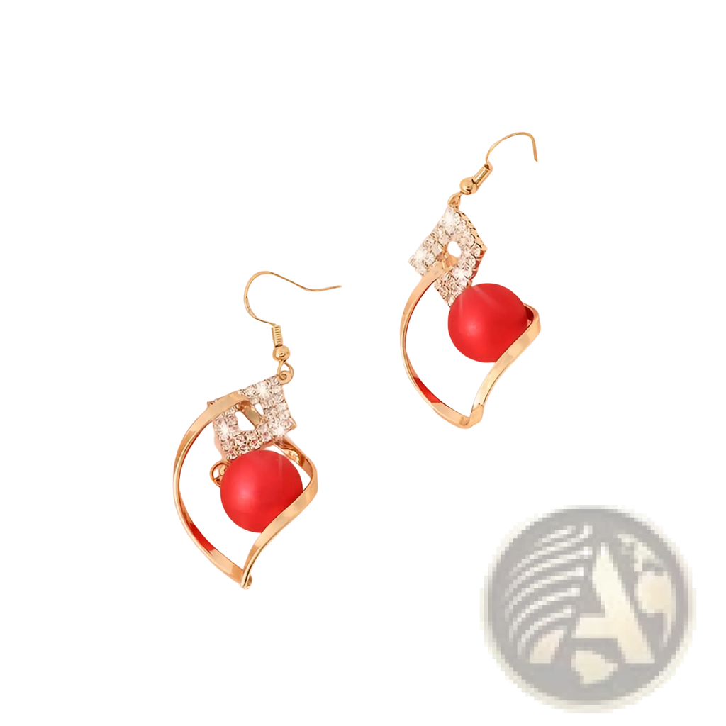 Red Bead and Crystal Geometric Gold Dangle Earrings