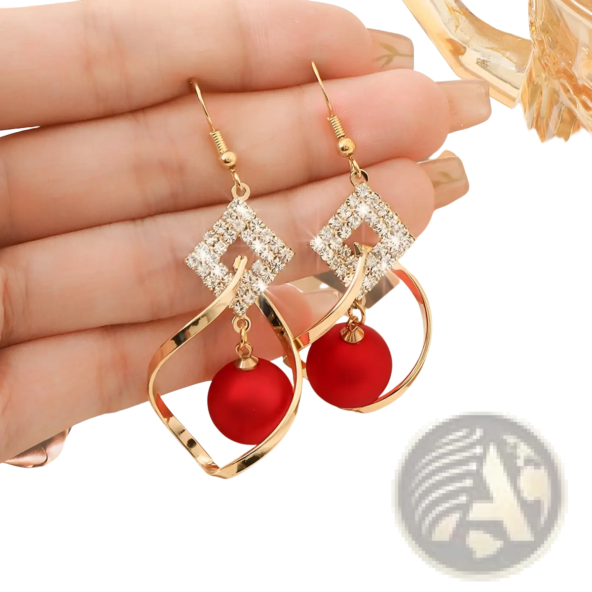 Red Bead and Crystal Geometric Gold Dangle Earrings