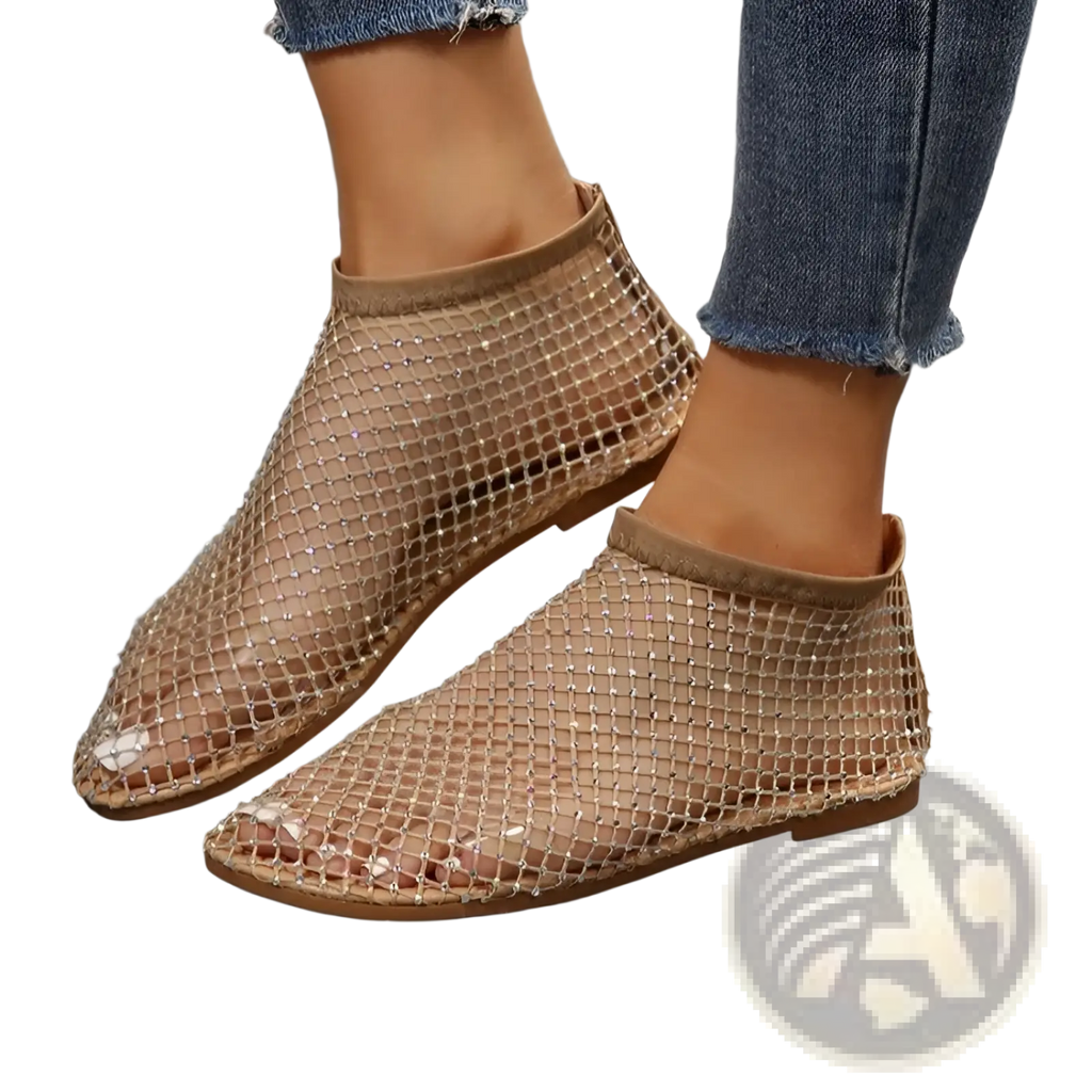 Rhinestone Mesh Flat Ankle Boots for Women