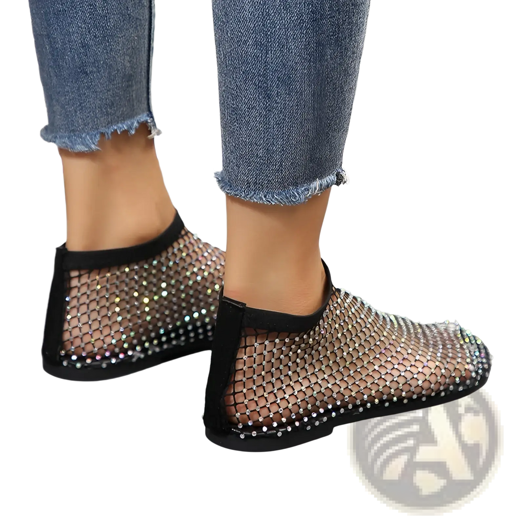 Rhinestone Mesh Flat Ankle Boots for Women