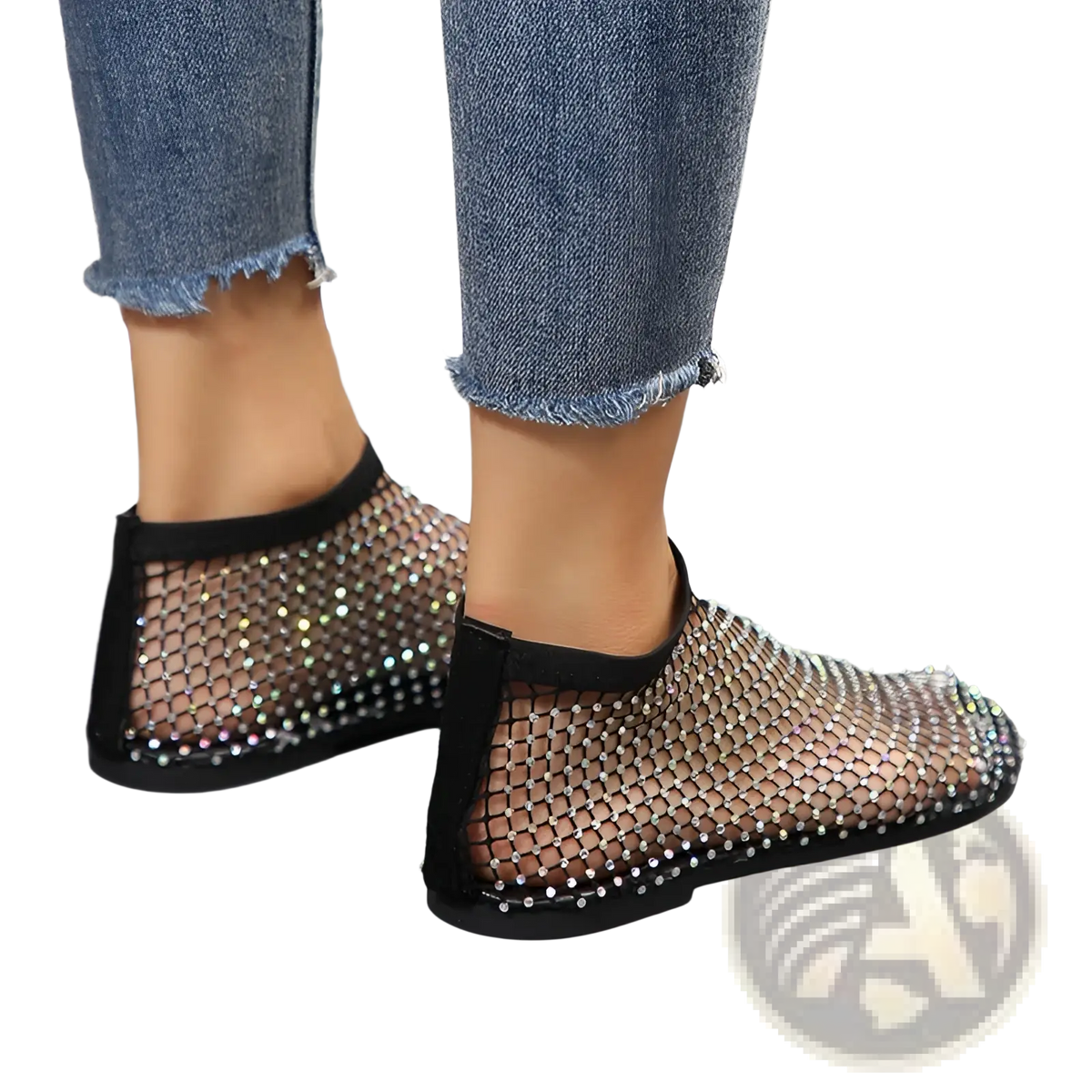 Rhinestone Mesh Flat Ankle Boots for Women