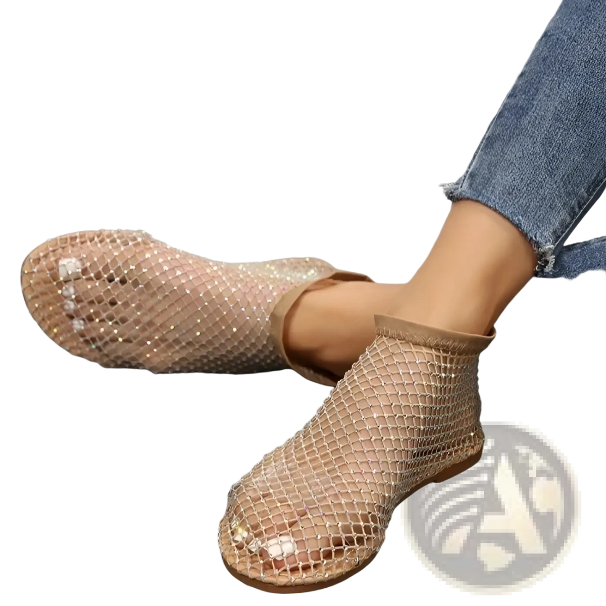 Rhinestone Mesh Flat Ankle Boots for Women