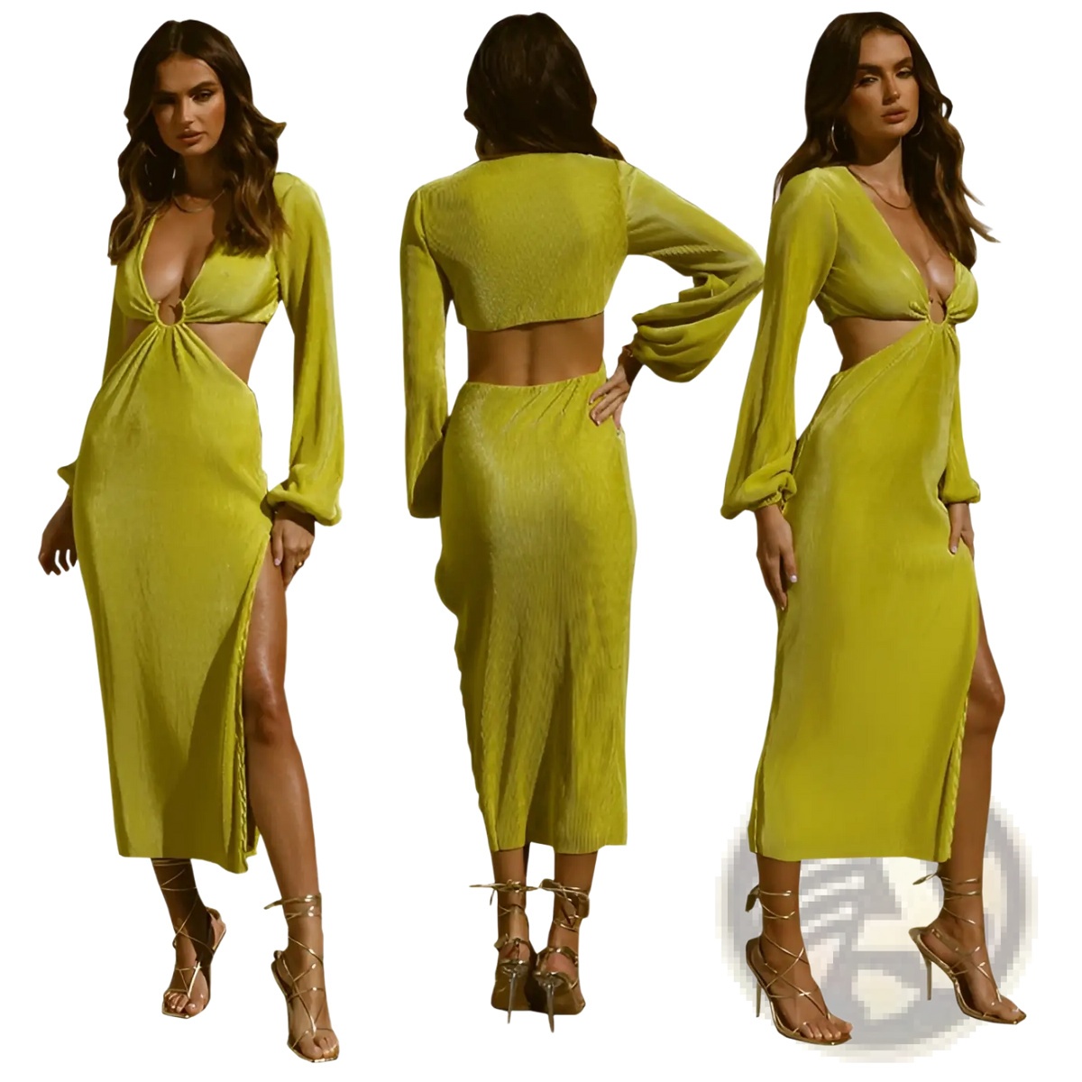 Ribbed Cutout Long Sleeve High Slit Maxi Dress