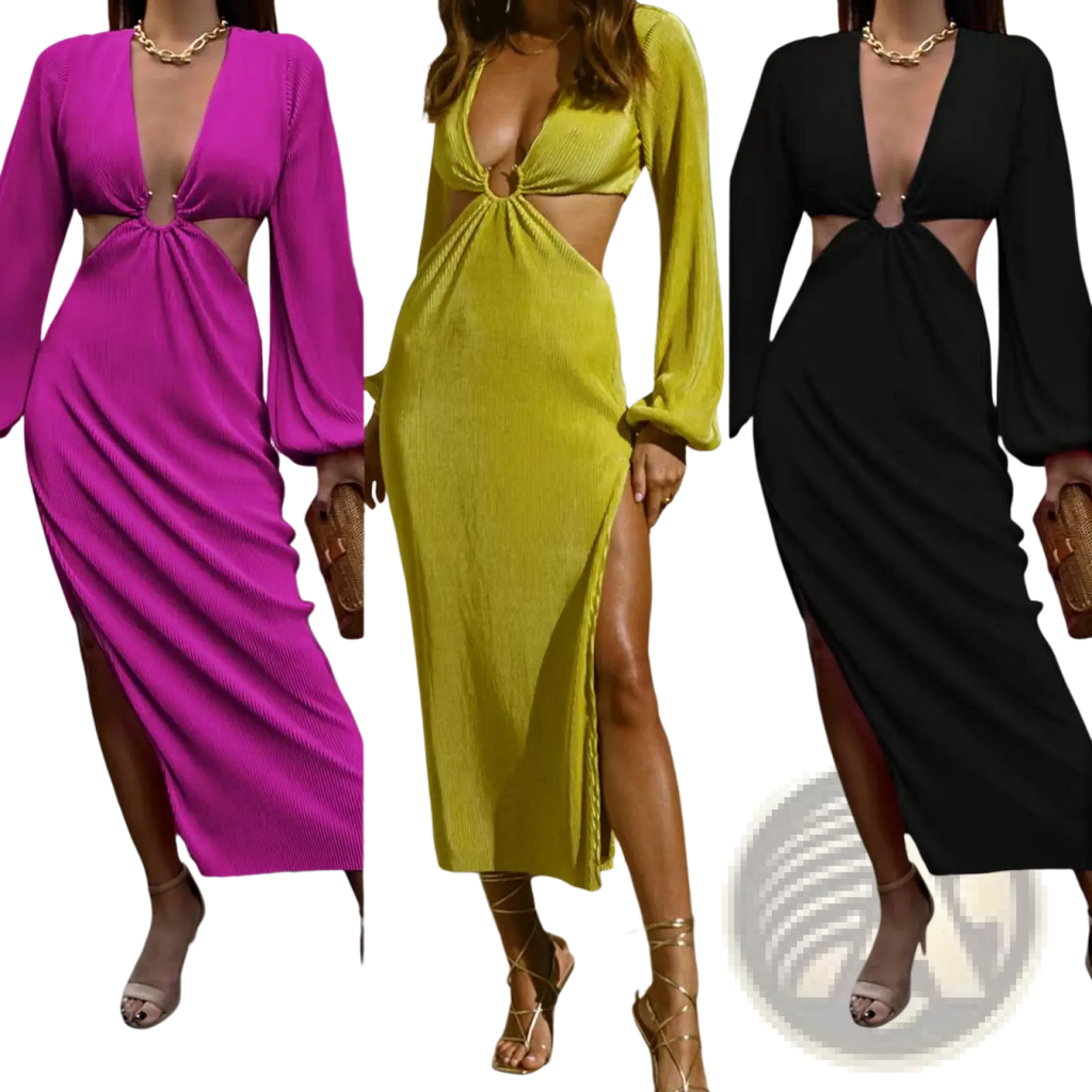 Ribbed Cutout Long Sleeve High Slit Maxi Dress