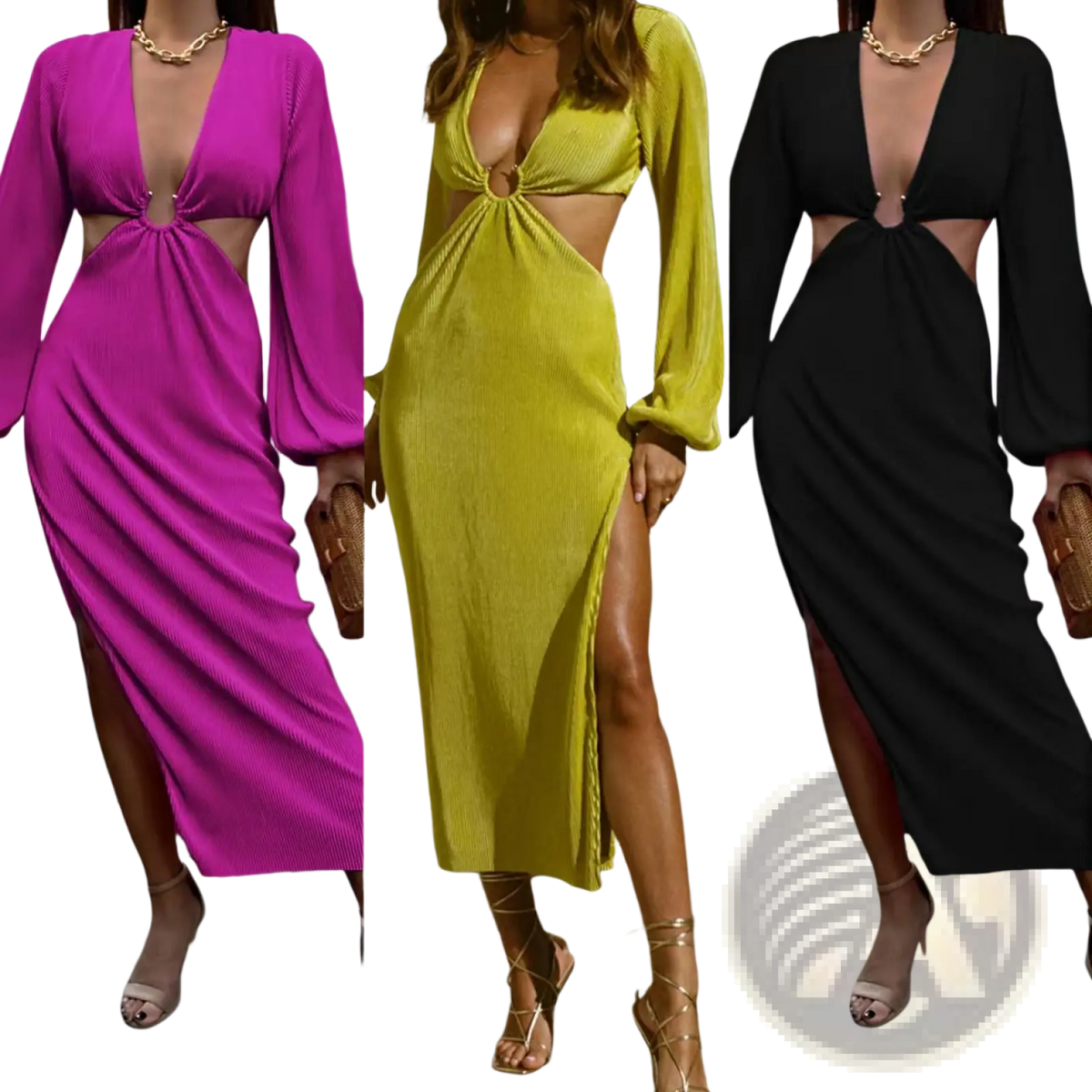 Ribbed Cutout Long Sleeve High Slit Maxi Dress