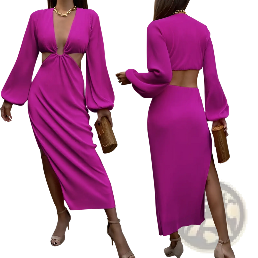 Ribbed Cutout Long Sleeve High Slit Maxi Dress