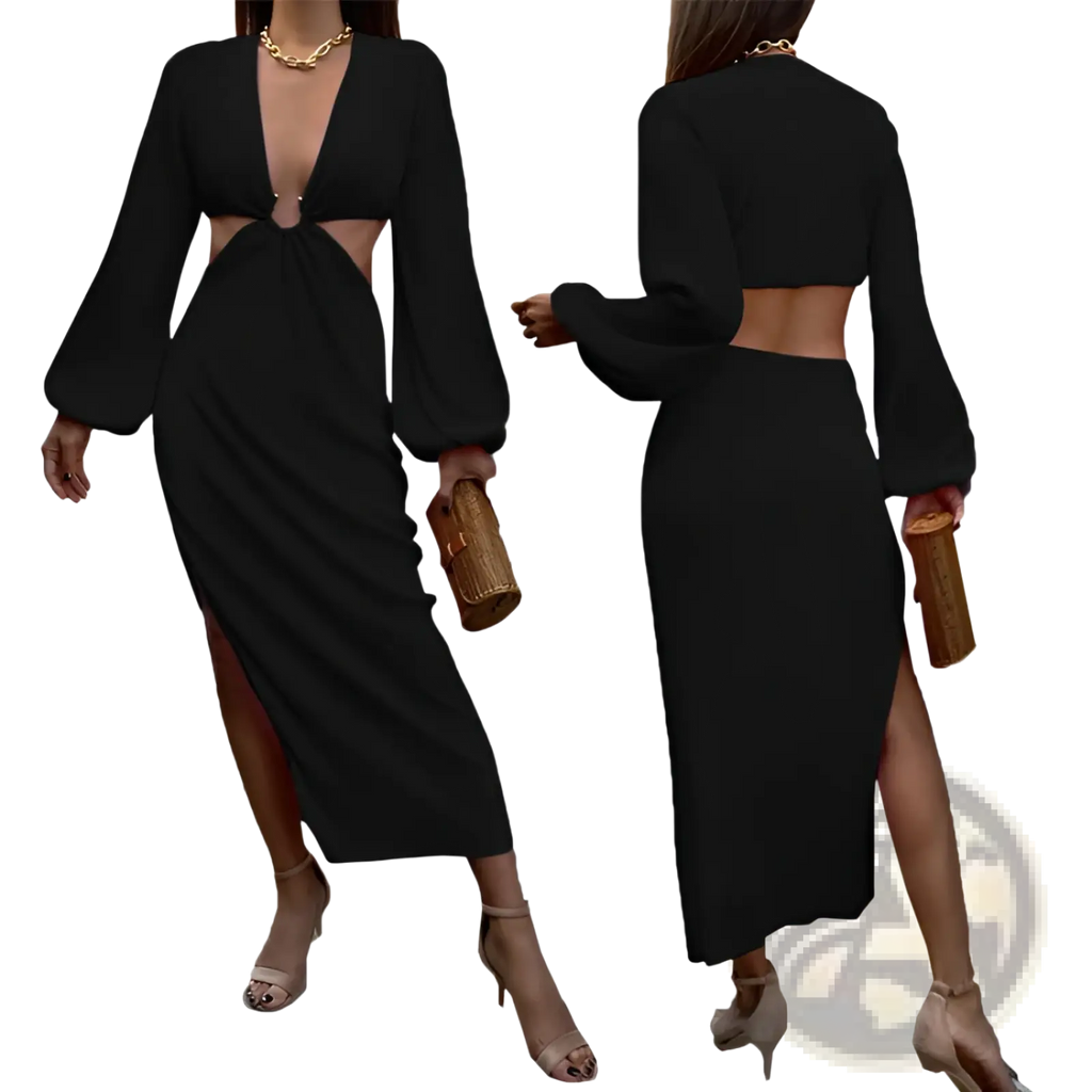 Ribbed Cutout Long Sleeve High Slit Maxi Dress