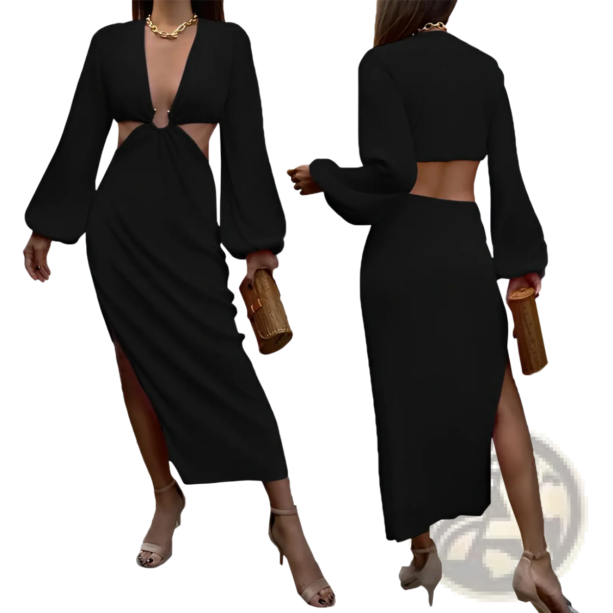 Ribbed Cutout Long Sleeve High Slit Maxi Dress