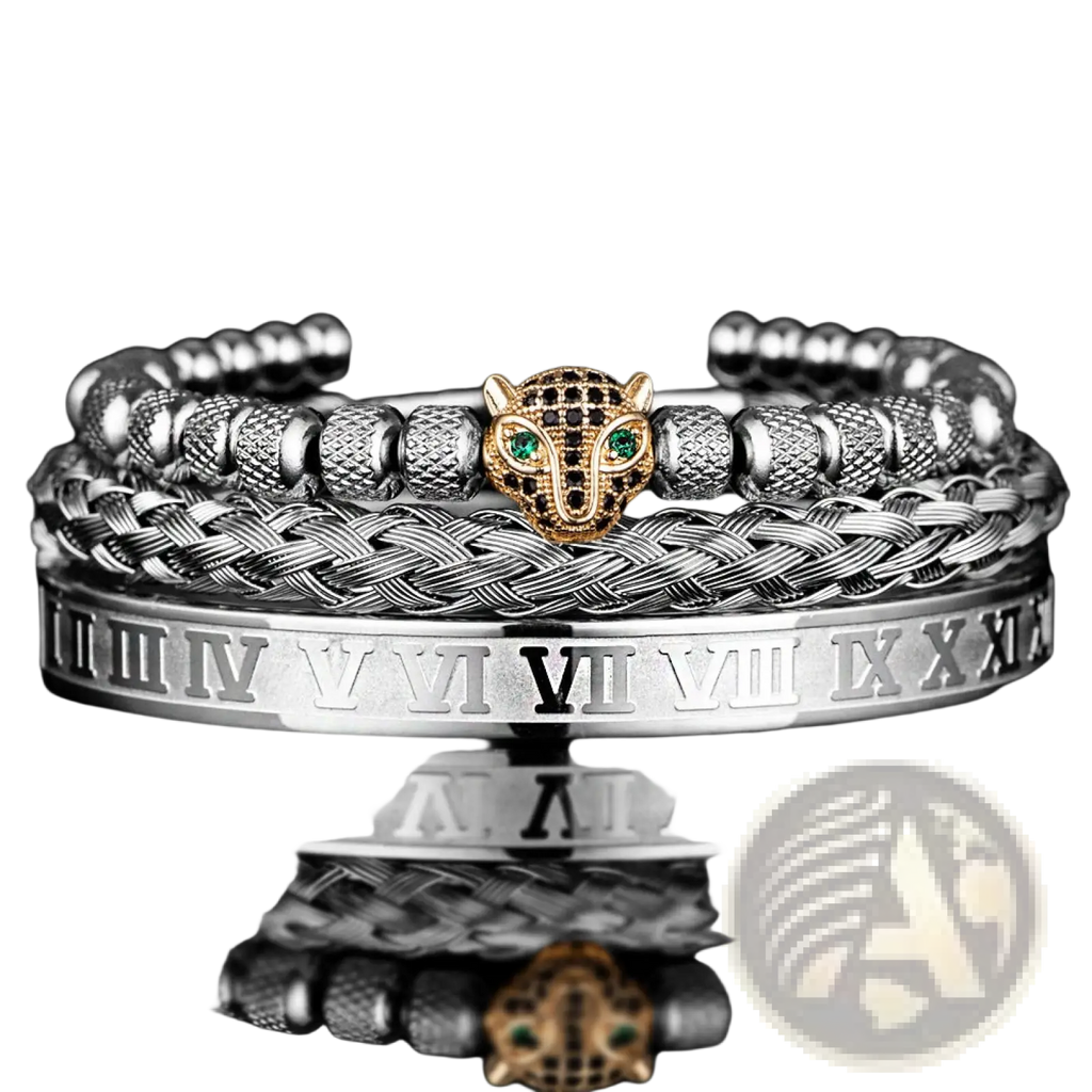 Roman Numeral Leopard Head Braided Leather Bracelet Set