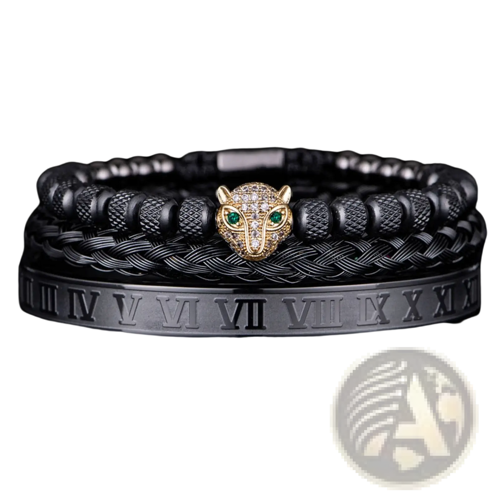 Roman Numeral Leopard Head Braided Leather Bracelet Set