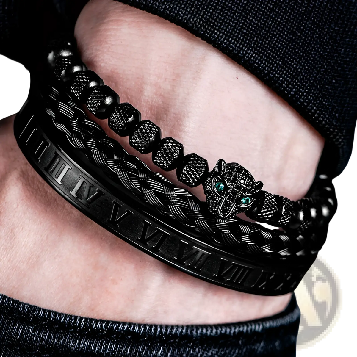 Roman Numeral Leopard Head Braided Leather Bracelet Set
