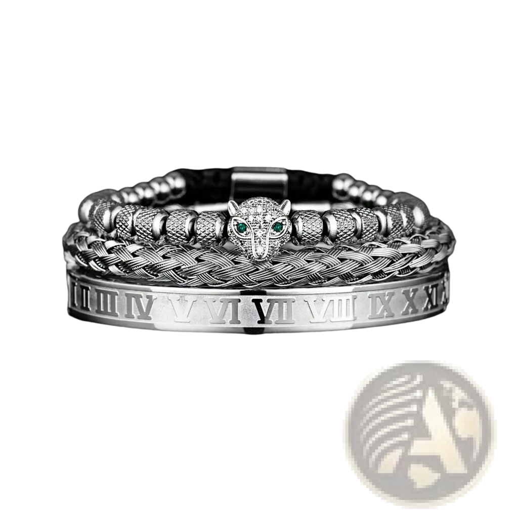 Roman Numeral Leopard Head Braided Leather Bracelet Set